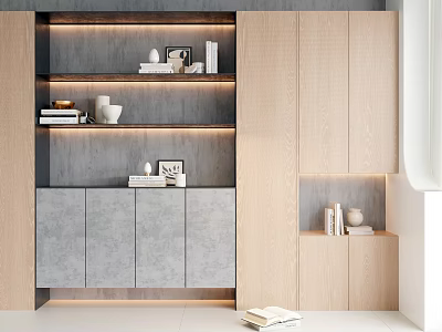 Modern Bookcase Design With Light Wood And Gray Panels Featuring Books And Decor Items 3d model