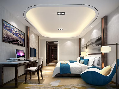 Modern Hotel Guest Room Interior With Bed Desk Armchair And Decorative Paintings 3d model