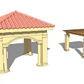 Outdoor Pavilion Structures With Red Tile Arched Roof And Wooden Columns