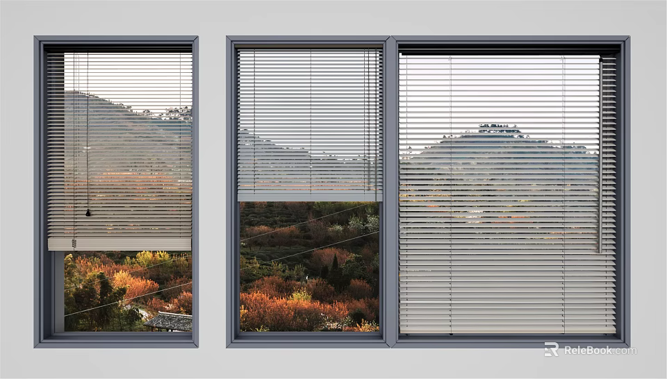 Venetian Blinds Covering Windows with Mountain and Autumn Trees Scenery View 3d model 
