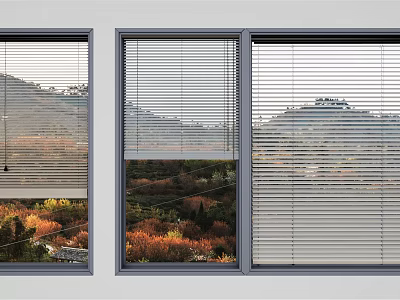 Venetian Blinds Covering Windows with Mountain and Autumn Trees Scenery View 3d model