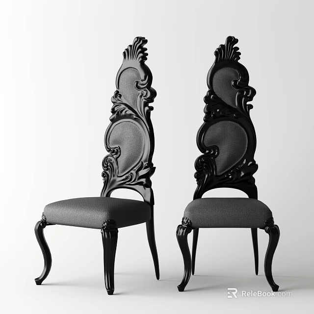 Black Accent Chairs with Intricate Carved Backs and Gray Upholstered Seats 3d model 