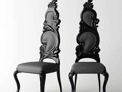 Black Accent Chairs with Intricate Carved Backs and Gray Upholstered Seats 3d model
