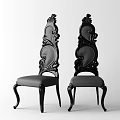 Black Accent Chairs with Intricate Carved Backs and Gray Upholstered Seats
