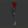 3D Character With Red Hair Blue Overalls And Black Tactical Vest Arms Outstretched Gray Background