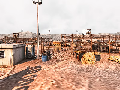 Cartoon Abandoned Construction Site With Tower Crane Containers Sandy Ground And Distant Mountains 3d model