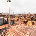 Cartoon Abandoned Construction Site With Tower Crane Containers Sandy Ground And Distant Mountains