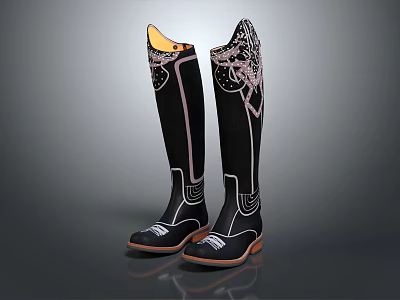Black Knee High Boots Featuring Yellow Lining Intricate Shaft Patterns And Orange Soles 3d model