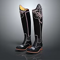 Black Knee High Boots Featuring Yellow Lining Intricate Shaft Patterns And Orange Soles