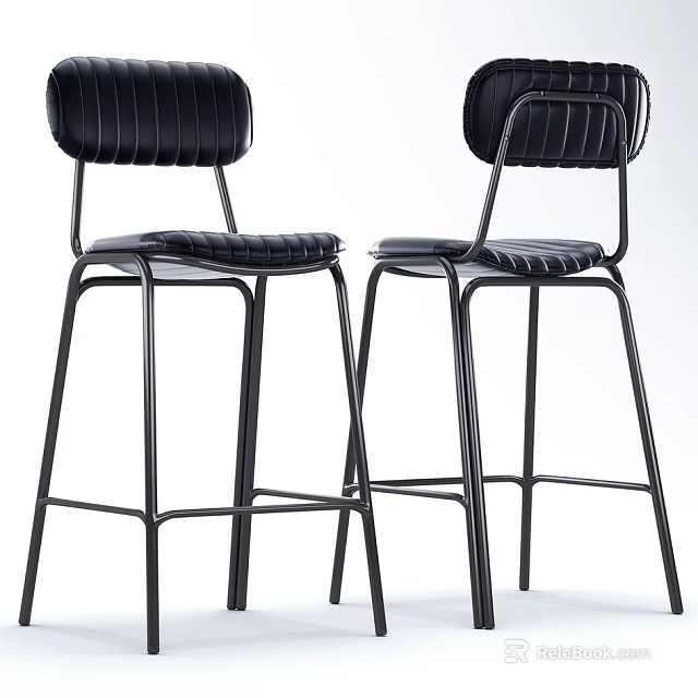 Sleek Modern Black Bar Stools With Ribbed Leather Backrest And Metal Frames 3d model