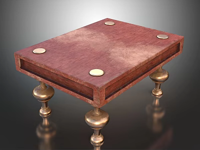 Antique Style Wooden Table With Brass Decorative Discs And Spherical Metal Legs 3d model