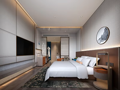 Modern Hotel Guest Room With King Size Bed Flat Screen TV Round Decorative Painting And Patterned Carpet 3d model