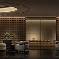 Elegant Modern Hotel Public Lounge Area With Wooden Panel Walls Green Plants And Comfortable Sofa Seating