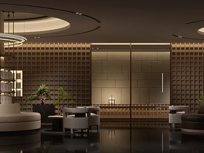 Elegant Modern Hotel Public Lounge Area With Wooden Panel Walls Green Plants And Comfortable Sofa Seating 3d model
