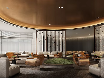 Elegant Modern Sales Office Interior With Comfortable Sofas Green Turf Area And Stylish Ceiling Lighting 3d model