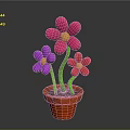 Colorful Potted Flowers In Red Pot With Pink Purple Red Petals Green Stems Yellow Centers