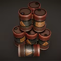 Vintage Stacked Barrels Featuring Red Rims Golden Patterns One Fallen 3d model