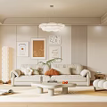 Modern Living Room Interior Design With Beige Sofa White Chandelier And Decorative Artworks