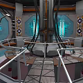 Cartoon Style Futuristic Control Room With Circular Platforms And Metallic Railings