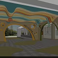 Vibrant Kindergarten Entrance With Colorful Wavy Ceiling Green Carpet And Welcome Sign