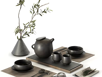 Minimalist Black Tea Set With Teapot Cups Bowls And Green Branch On Tray 3d model