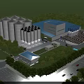Industrial Plant With White Silos Blue Roof Surrounding Trees Roads Parking Area And Vehicles