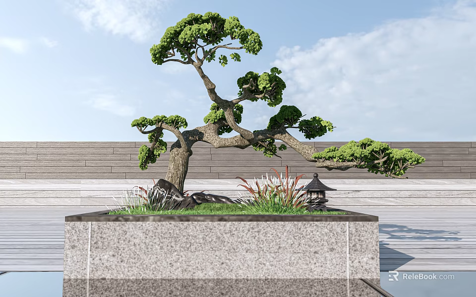 Artistic Bonsai Arbor With Curved Trunk Lush Green Foliage In Stone Square Planter 3d model 