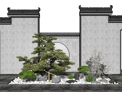 Chinese Garden Wall With Gray Surface Black Tiles Circular Window And Pine Tree 3d model