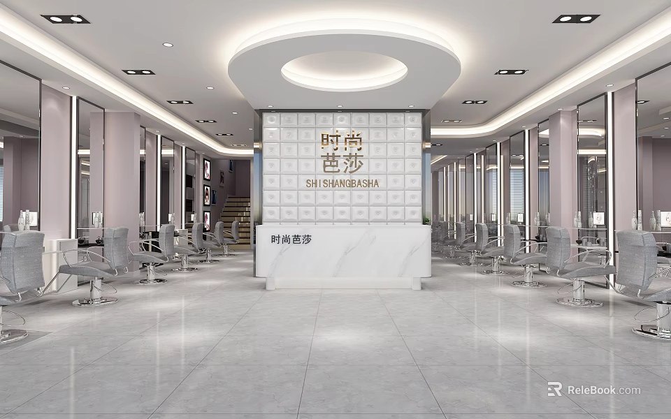 Modern Beauty And Hair Salon Interior With Marble Reception Desk Mirrors Chairs And Lighting Design 3d model 