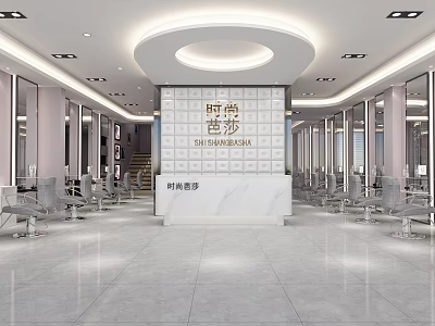 Modern Beauty And Hair Salon Interior With Marble Reception Desk Mirrors Chairs And Lighting Design 3d model