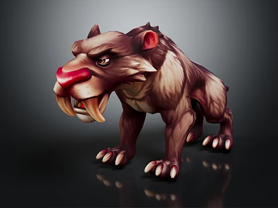 Fierce Prehistoric Beast Character With Saber Teeth Red Nose And Brown Fur In Aggressive Stance 3d model