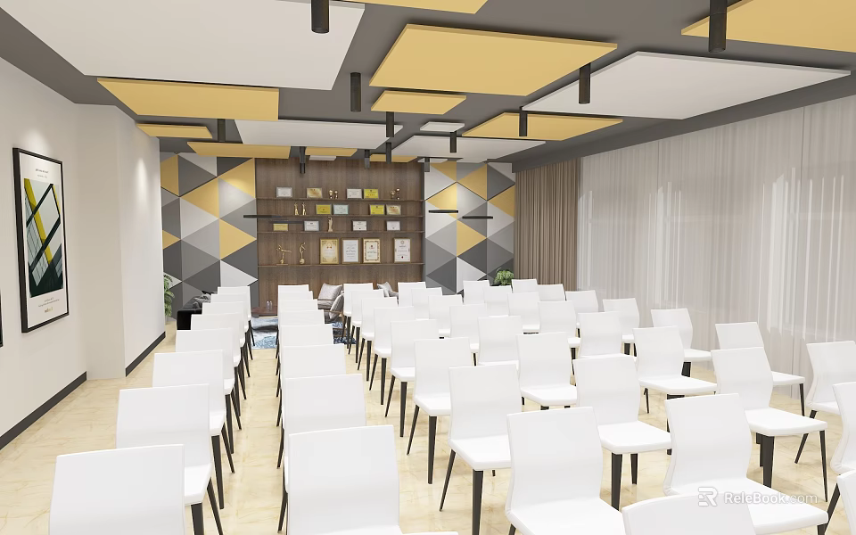 Spacious Conference Room With White Chairs Geometric Wall Design And Ceiling Panels 3d model 