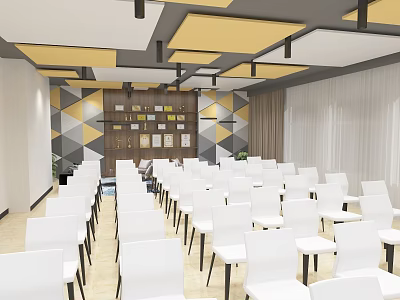 Spacious Conference Room With White Chairs Geometric Wall Design And Ceiling Panels 3d model