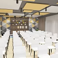 Spacious Conference Room With White Chairs Geometric Wall Design And Ceiling Panels
