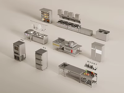 Stainless Steel Kitchen Tableware Set Including Workbench Cabinets Stove Refrigerator For Home Commercial Kitchen Use 3d model