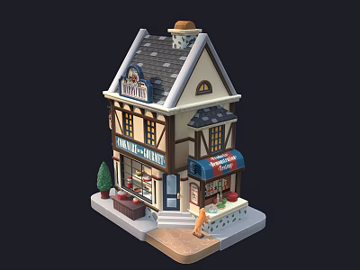 Cute Cartoon Bakery Shop Scene With Gray Roof Chimney Windows Steps Small Tree And Awning 3d model