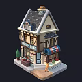 Cute Cartoon Bakery Shop Scene With Gray Roof Chimney Windows Steps Small Tree And Awning