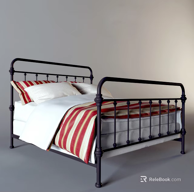 Double Bed With Black Metal Frame White Bed Sheets And Red White Striped Blanket 3d model 
