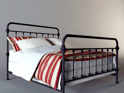 Double Bed With Black Metal Frame White Bed Sheets And Red White Striped Blanket 3d model