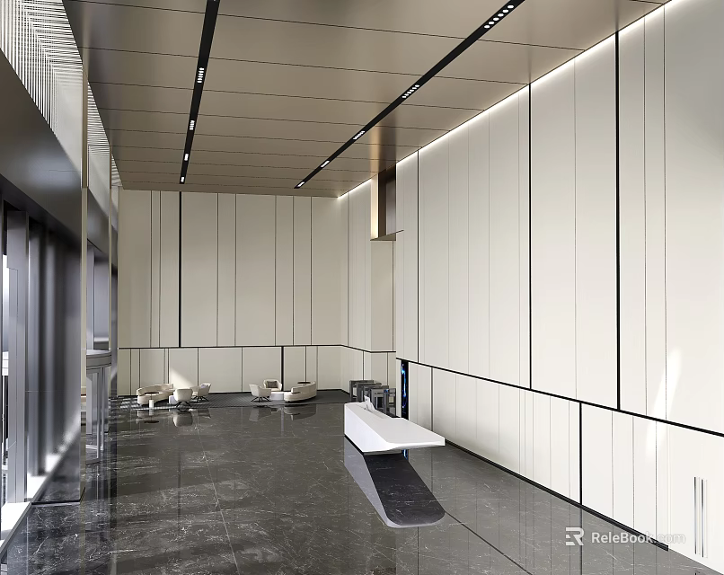 Modern Reception Area Design With Long White Reception Desk Black Floor And Ceiling Lighting 3d model 