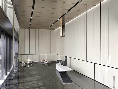Modern Reception Area Design With Long White Reception Desk Black Floor And Ceiling Lighting 3d model