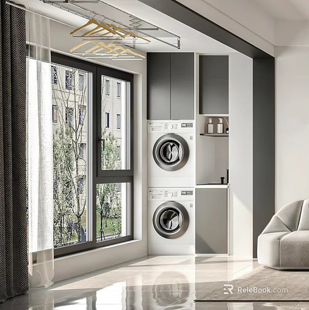 Home Balcony With Stacked Washer Dryer Gray Cabinets Large Windows Outdoor Trees And Comfy Chair 3d model 