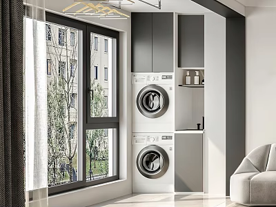 Home Balcony With Stacked Washer Dryer Gray Cabinets Large Windows Outdoor Trees And Comfy Chair 3d model