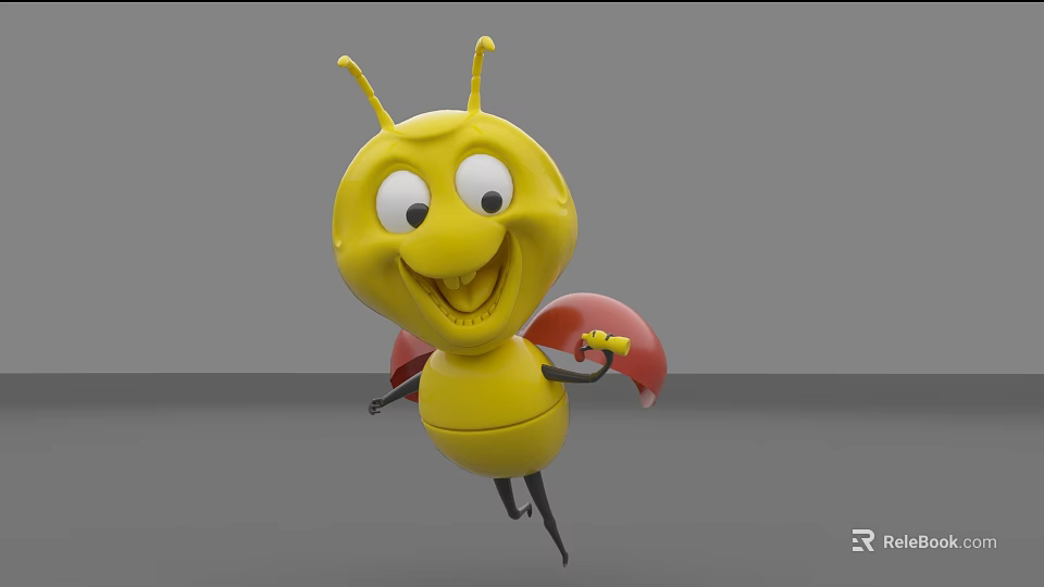 Yellow Ant 3D Animated Game Character With Big Eyes Smiling Expression And Red Wings 3d model 