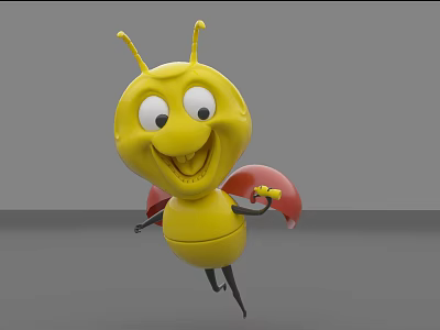 Yellow Ant 3D Animated Game Character With Big Eyes Smiling Expression And Red Wings 3d model