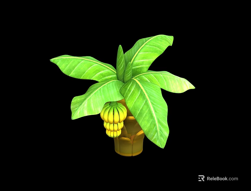 Banana Plant With Large Green Leaves And Bunch Of Yellow Bananas 3d model 