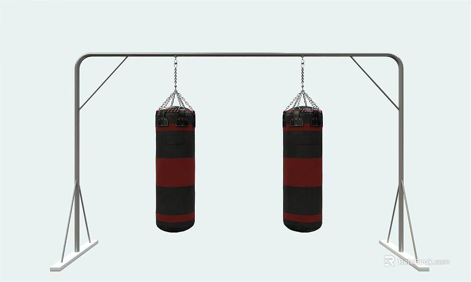 Two Red And Black Boxing Punching Bags Hanging On Sturdy Metal Frame For Training 3d model 