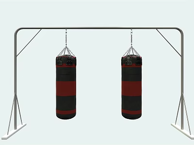 Two Red And Black Boxing Punching Bags Hanging On Sturdy Metal Frame For Training 3d model