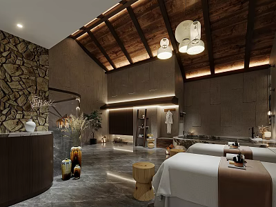 Luxury SPA Sauna Interior With Stone Wall Wooden Ceiling Massage Beds And Lighting 3d model