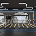 Modern Fitness Gym Interior With Pink Punching Bags Barbells Mirrors And Large Windows